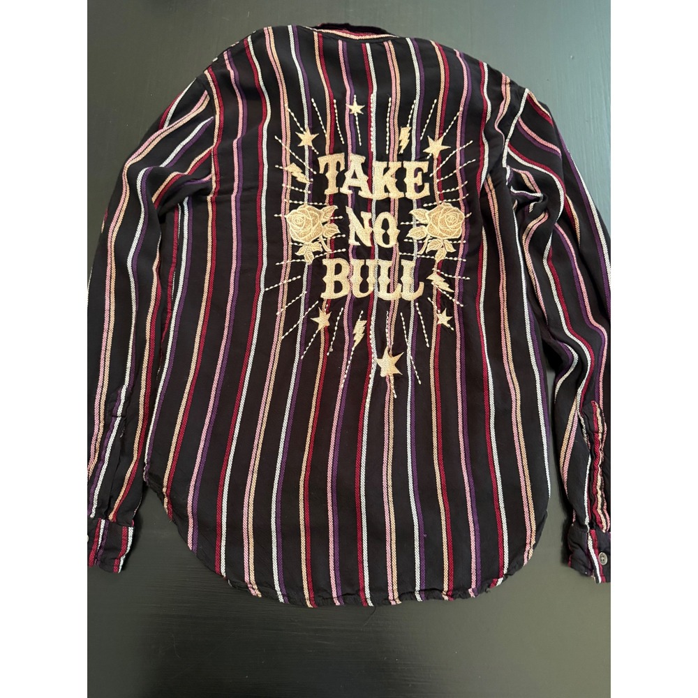 Rock & Roll Cowgirl Take No Bull Striped Embroidered Button Down Shirt XS Black